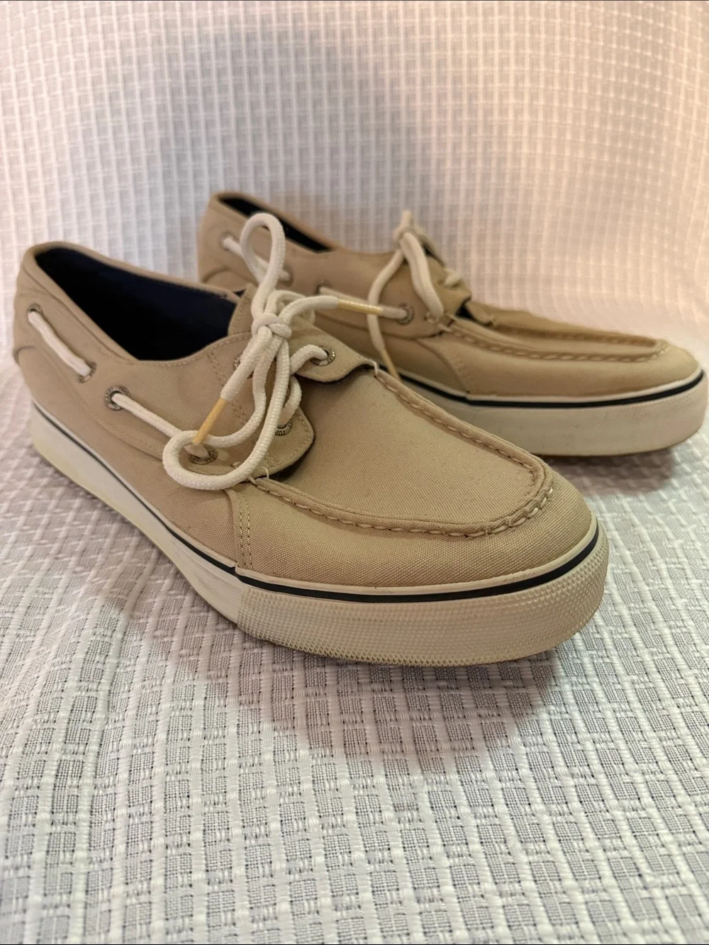 Sperry Beige Canvas Boat Shoes with White Laces